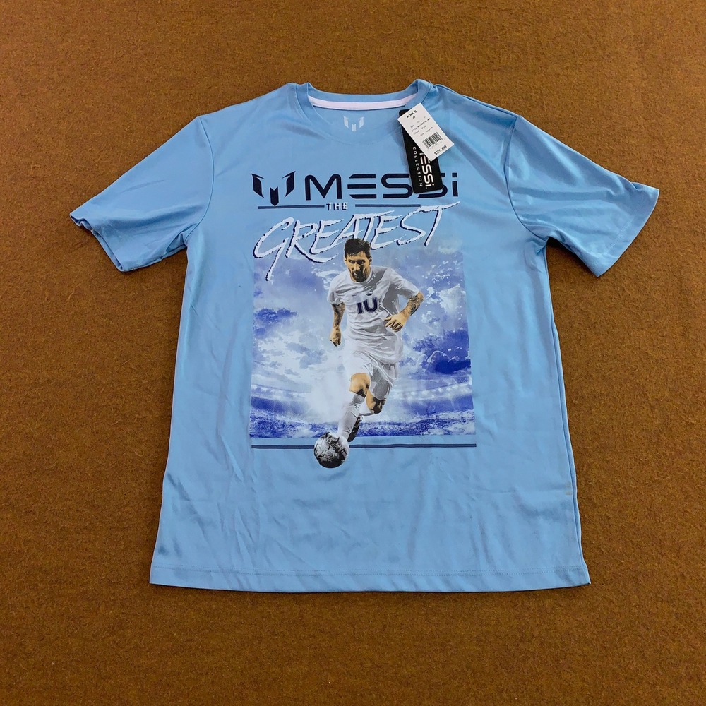 Messi Collection Boys Large 14-16 Blue The Greatest Graphic T-Shirt NWT *Flaw